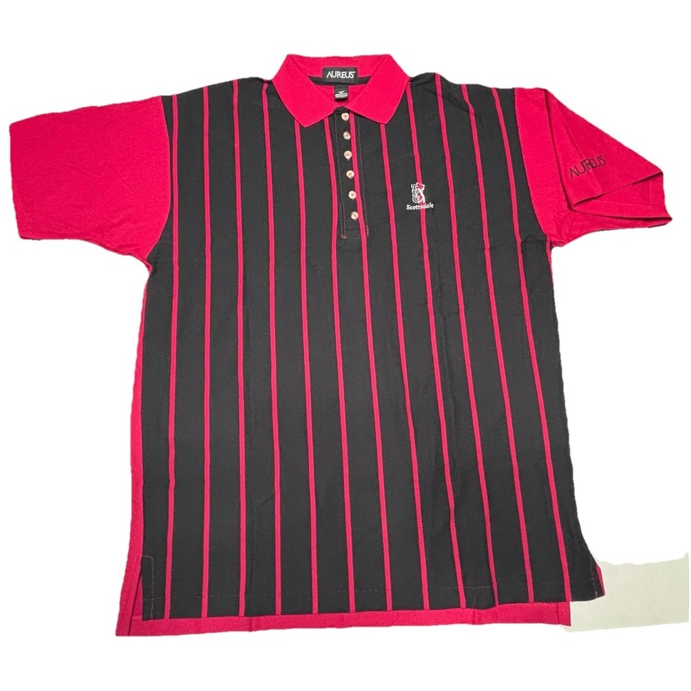 Vintage Aureus Polo‎ Shirt XL Made in USA Black Red Striped Scottsdale Golf